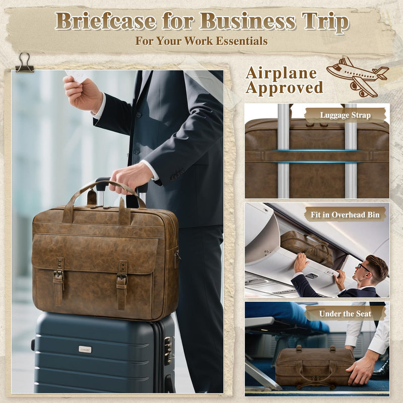 RAINSMORE Messenger Bag for Men 16 Inch Laptop Bag Vintage Leather Waterproof Laptop Briefcases Large Computer Bags Retro Satchel Shoulder Bag for Work，Business，Office，College