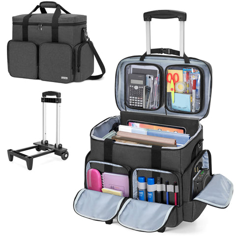 CURMIO Rolling Teacher Tote Bag with Padded Laptop Compartment for up to 15.6 Inches Laptop, Wheeled Teacher Bag for Teaching, Office, Craft, Black