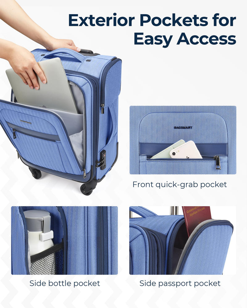 BAGSMART Carry-On Luggage Airline Approved, 20 inch Expandable Suitcase with Duffel bag, Softside Lightweight Suitcases with Spinner Wheels, Blue