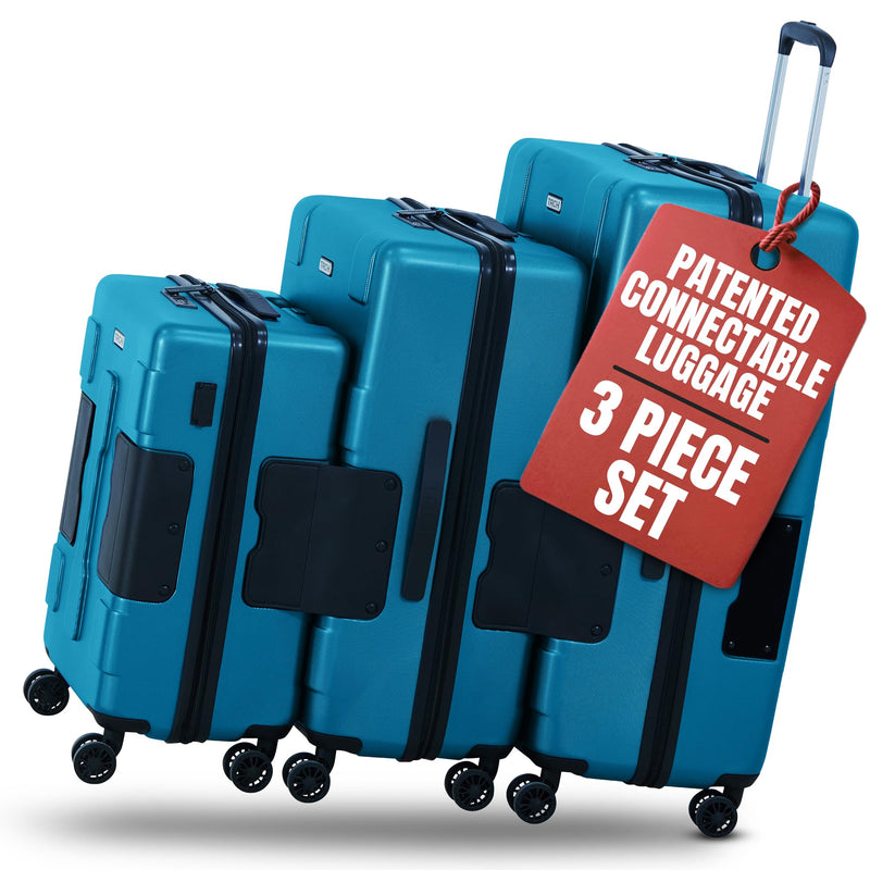 TACH Patented Connecting Hard Shell 3 Piece Luggage Set - 20, 24 & 28 inch Luggage | Carry-On, Medium & Large Rolling Suitcases - Sky Blue