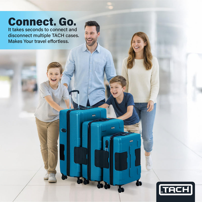 TACH Patented Connecting Hard Shell 3 Piece Luggage Set - 20, 24 & 28 inch Luggage | Carry-On, Medium & Large Rolling Suitcases - Sky Blue