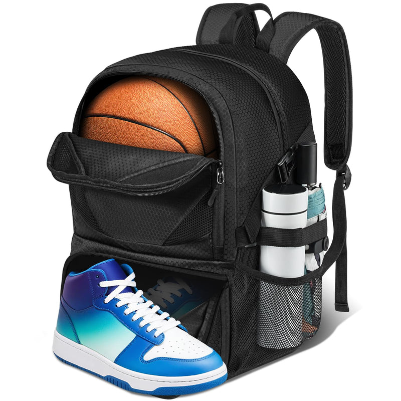 YHXONEOK Basketball Bag, Basketball Backpack with Ball Holder & Shoes Compartment for Soccer Ball Volleyball Football, Large Sports Equipment Bag Backpack for Son Daughter Men Women Black