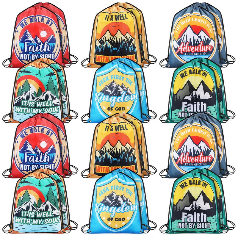 Locmeo 24 Pcs Religion Nonwoven Drawstring Backpacks Bulk Christian Religious Bible Verse Bags for Boy Girl Church