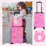 Sanwuta 4 Pcs Kids Luggage Set Rolling Suitcase Backpack U-shaped Pillow Kids Carry On Gift for Summer Travel Family Trip(17 Inch,Rainbow Style,Pink)