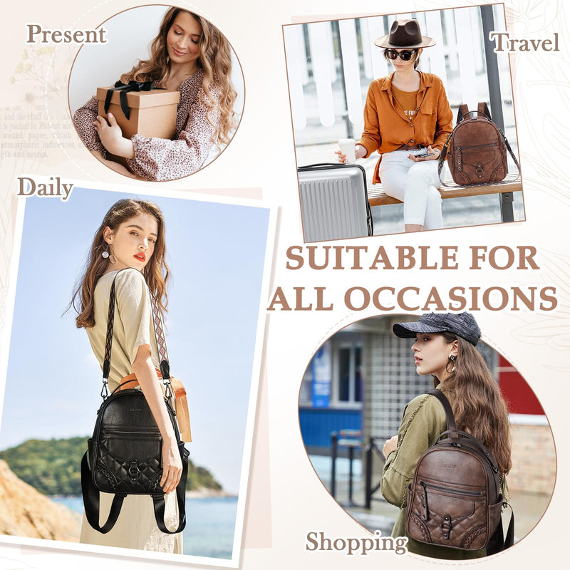 VASCHY Small Backpack Purse for Women, Cute Vegen Leather Mini Backpack for Lady with Guitar Shoulder Bag Handbag Strap Coffee