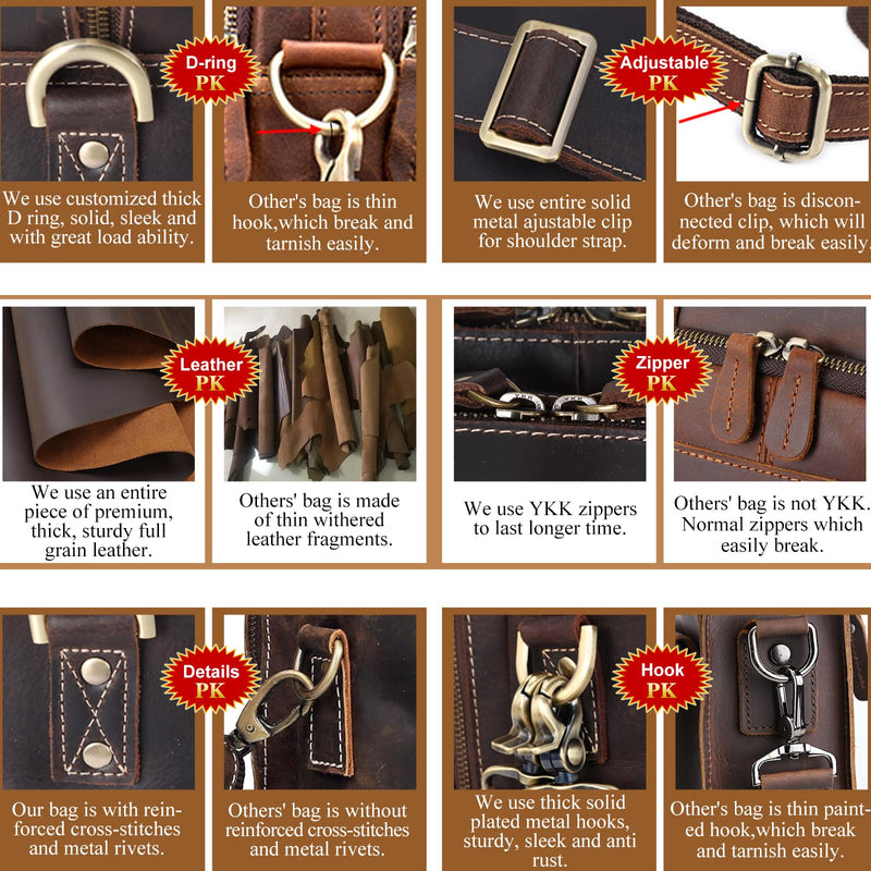 Masa Kawa Vintage Full Grain Leather Briefcase for Men 17" Laptop Computer Brief Case Business Travel Work Messenger Cross Body Shoulder Bag