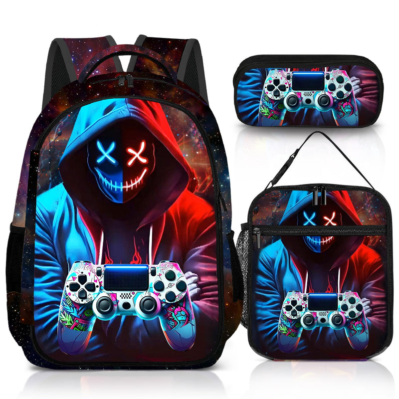 jvycjlu Boys Gaming Backpack Set - 17 Inch Large Capacity with Lunch Bag & Pencil Case - for Teens, Elementary & Middle School - Durable Travel Backpacks (3-Piece)