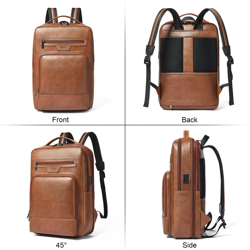 Shrrie Leather Laptop Backpack for Women and Men,28 L Travel Backpack Computer Bag Fits 16 inch Laptop,Expandable Casual Daypack with USB Port for Work Business Weekender College,Brown