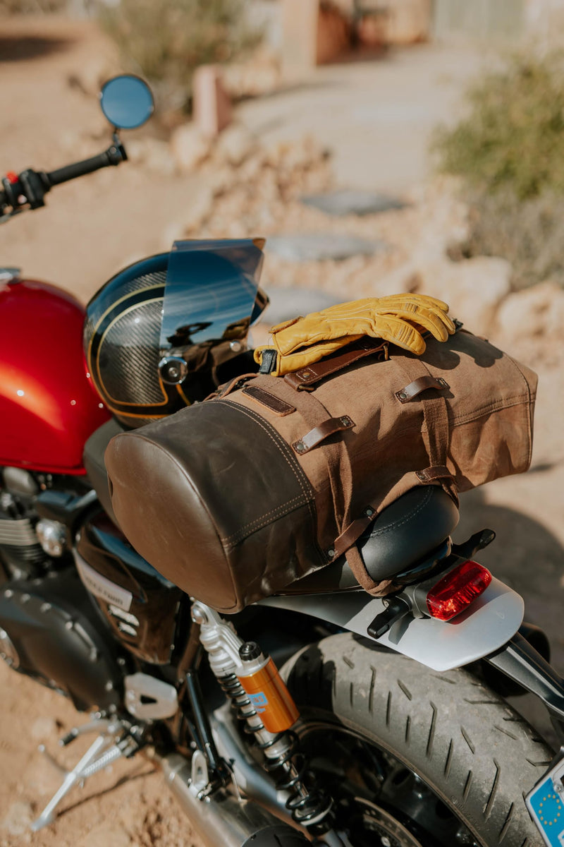 Trip Machine Company Full Grain Leather Military Inspired Motorcycle Duffel Bag – 24L Saddlebag Weekender with Shoulder Strap, Mounting Straps & Rain Cover (Dark Brown)