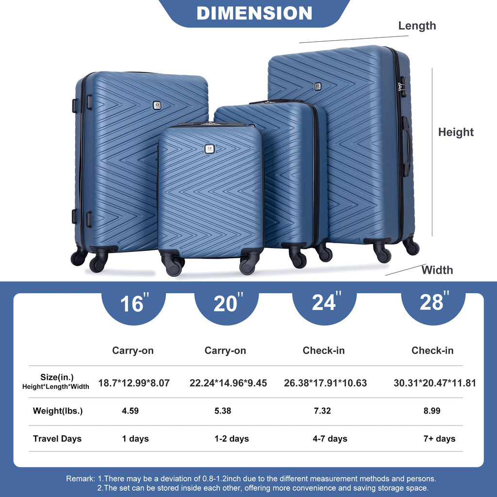 Travelhouse 4 Piece Luggage Sets, Hardshell ABS Suitcase Set with Wheels,Tsa Lock,Lightweight Hardside Travel Suitcases 16“20”24“28”