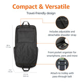 Amazon Basics 46" Premium Garment Bag for Travel, Suit Bag with Shoulder Strap for Suits and Dresses, 1680D Polyester Fabric, Exterior/Interior Pockets, Leather-reinforced Corners, Trifold, Black