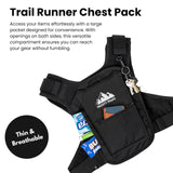 FROSTY PEAKS "Trail Runner Chest Pack, Black with Reflective Material, Phone Pocket, Multiple Storage Compartments, Lightweight Design for Night Running, Outdoor Activities
