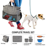 Dog Travel Bag - Cat and Dog Storage Organizer with Pockets, Mat, 2 Food Containers, and 2 Large Collapsible Travel Dog Bowls by PETMAKER (Gray)