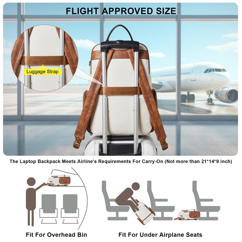 tiamyi Leather Backpack for Women Men, Fits 16.0 Inch Laptop, Soft Vegan Leather Backpack for Travel and Daily Use, Beige