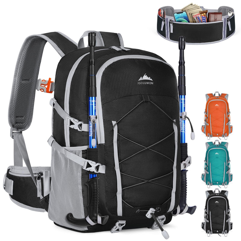 IGOLUMON Hiking Backpack 40L Packable Camping Backpack for Men Women Waterproof Lightweight Hiking Daypack Foldable Travel Daypack for Climbing Trekking Camping,Black