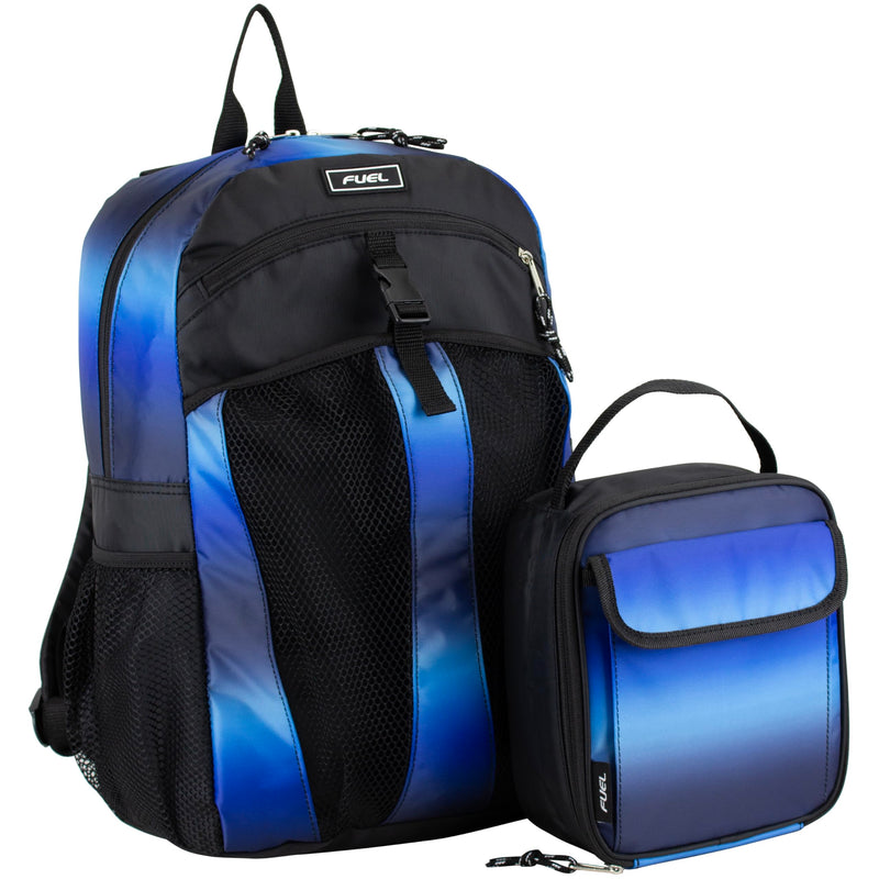 FUEL Backpack with Lunch Box Combo – 18.5 Inches Two Compartment Water Resistant Durable Adjustable Straps with Side Water Bottle Pockets 2 in 1 Set – Blue Ombre