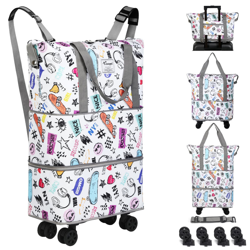 VOOWO Rolling Duffel Bag with Wheels - Foldable Expandable Duffle Bag with Wheels for Travel, Rolling Luggage Bag Carry On Bag with Wheel, Large Rolling Backpack Weekend Bag for Men Women (White)