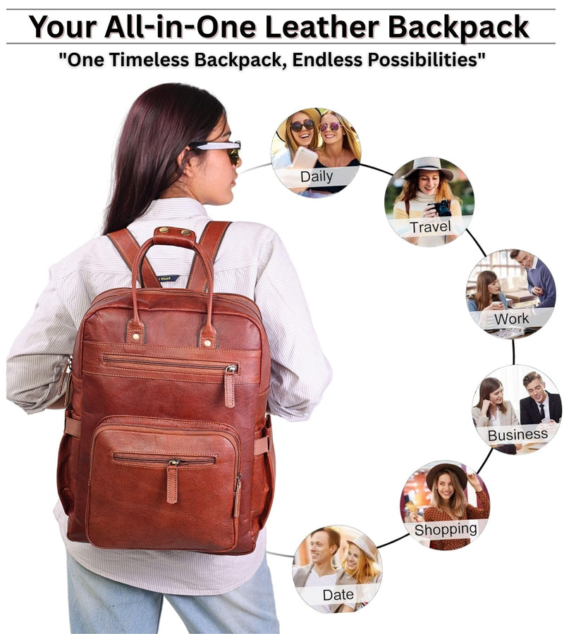 Lakshigo Genuine Leather Laptop Backpack for Men & Women, 16 Inch Vintage Brown Leather Backpack, Professional Work Computer Bag, Travel Rucksack for Office, Business & College