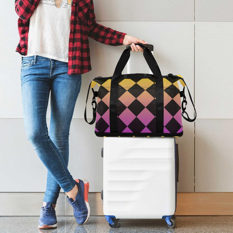 Buffalo Plaid Yellow Purple Black Gradient Oversized Travel Duffel Bag Travel Weekender Gear Bag with Toiletry Bag for Yoga Large Capacity