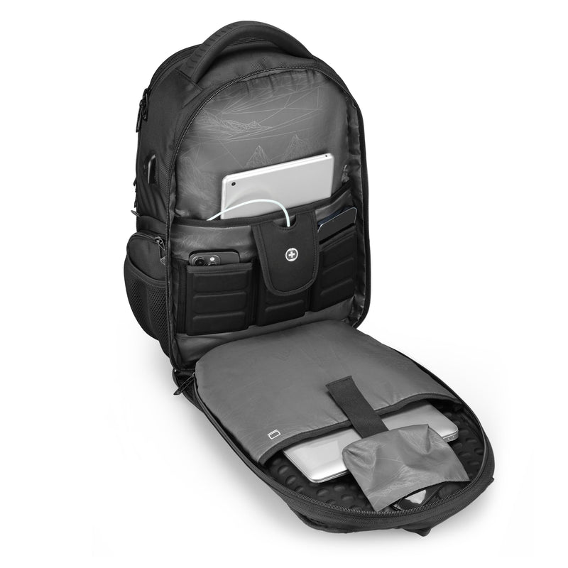 Swissdigital Design TSA Business Laptop Backpack for Men, Large Capacity Travel Backpack with Apple Find My Network and USB Charging Port Tech Backpacks Fits 17 Inch Computer Black| SD1643FB-01