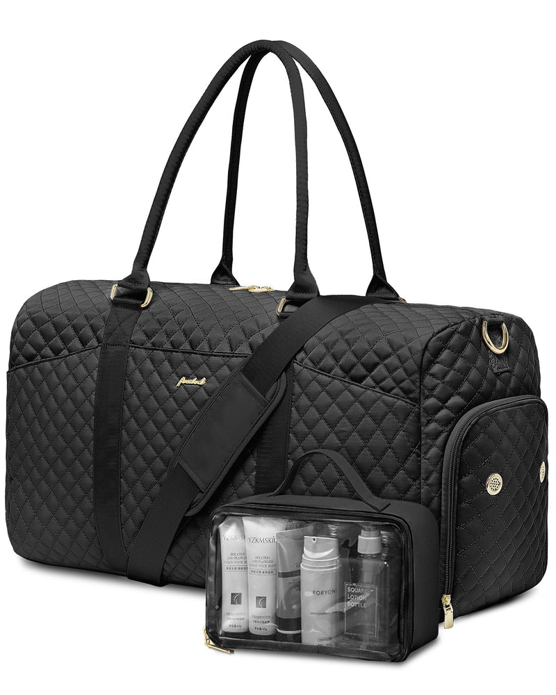 Women Weekender Travel Duffle Bag: Travel Duffel Overnight Bags with Shoe Compartment Large Carry on Tote with Toiletry Bag Weekend Traveling Yoga Gym Hospital Bag for Women with Wet Pocket Black
