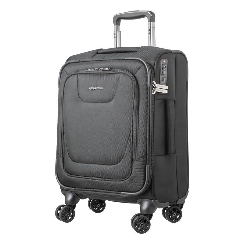 Amazon Basics 20" Carry-On Luggage, Softside Suitcase With TSA Lock, 8 Spinner Wheels, Telescoping Handle, Front Exterior Pocket, 3 Interior Pockets, Black