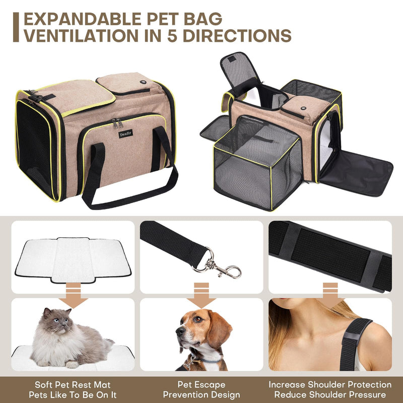 Expandable Cat & Dog Carrier, Large Expandable Collapsible Travel Bag with Safety Zippers, 3 Open Doors, Removable Fleece Pad for Puppies & Small Animals, Airline Approved (Brown)