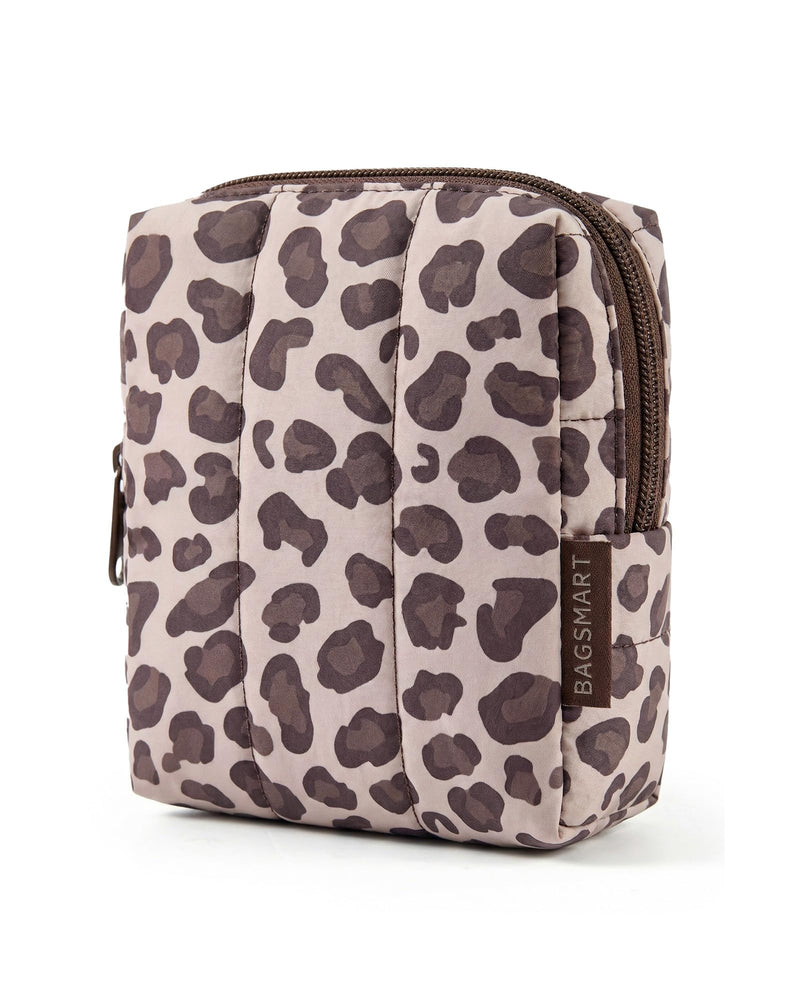BAGSMART Small Travel Makeup Bag for Purse Toiletry Pouch, Puffy Padded Mini Cosmetics Bag, Cute Make Up Pouch for Women with Slip-in Pocket, Travel Essentials for Toiletries, Leopard