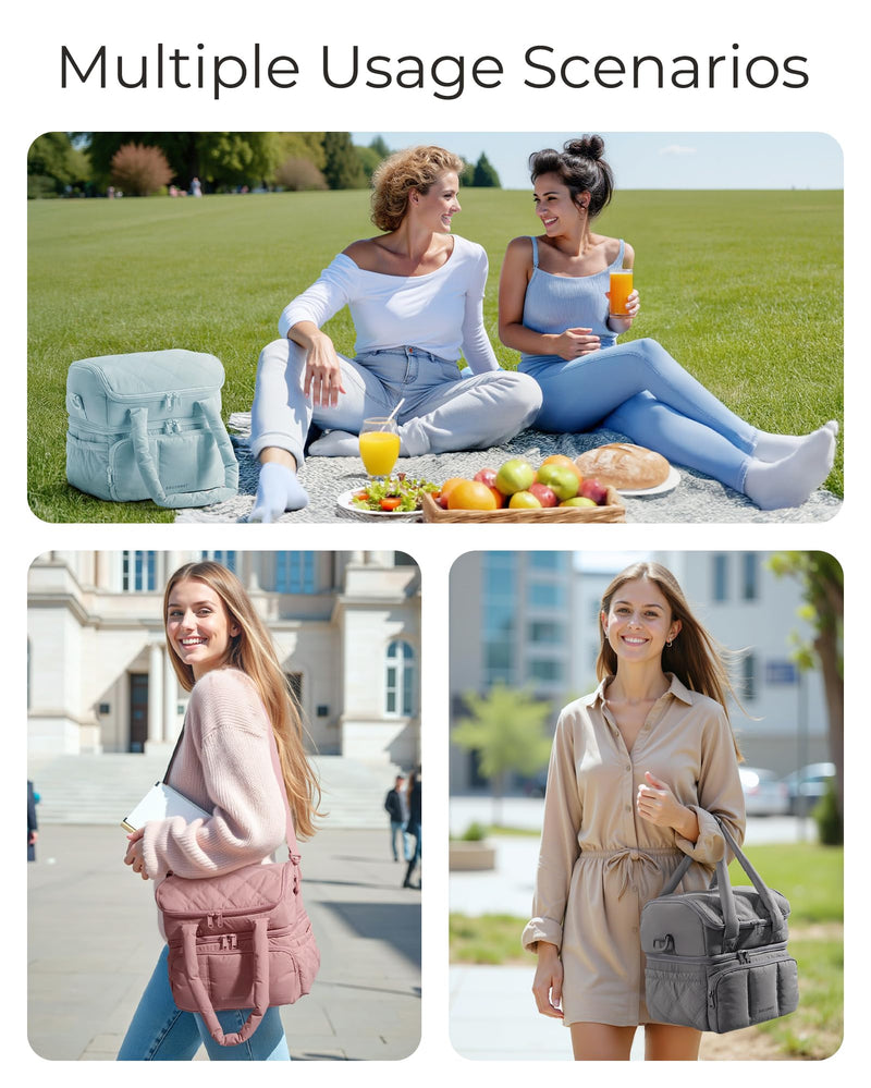 BAGSMART Lunch Bag Women, Double Deck Insulated Lunch Box, Quilted Puffer Lunch Tote, Leakproof, Durable & Reusable Large Lunch Cooler For Work Picnic Travel Meal Prep, Camel