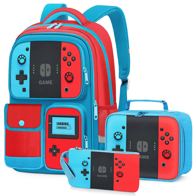 JIRAIKEI School Backpack for Boys,3pcs Gamer Boys Backpack with Lunch Box Set for Kids Teens Elementary Middle School Students Ages 6-18,17" Large Capacity School Bookbag with Multiple Pockets
