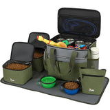 Taihoyin Dog Travel Bag for Pet Kit for Supplies with 2 Food Storage Containers 2 Collapsible Bowl 1 Feeding Mat 1 Dog Treat Pouch 7-Piece Set Perfect Road Trips Camping Weekend Doggy Gift Olive Green