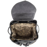 Western Style Tooled Buckle Studded Floral Women Country Backpack Bags Rucksack Daypack Biker Purse Matching Wallet Set (Coffee Set)