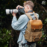 Padwa Lifestyle Khaki Camera Backpack - Waxed Memory Canvas Camera Bag, Multi DSLR SLR Large Camera Backpacks for Photographers with 16” Laptop & Lens Compartment and Tripod Holder & Weather Resistant