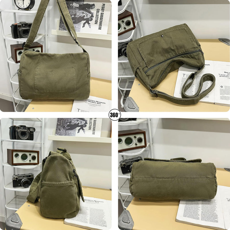 PRAGARI Canvas Messenger Bag for Women Hobo Crossbody Shoulder Bag Vintage Satchel Tote Handbag with Multiple Pockets
