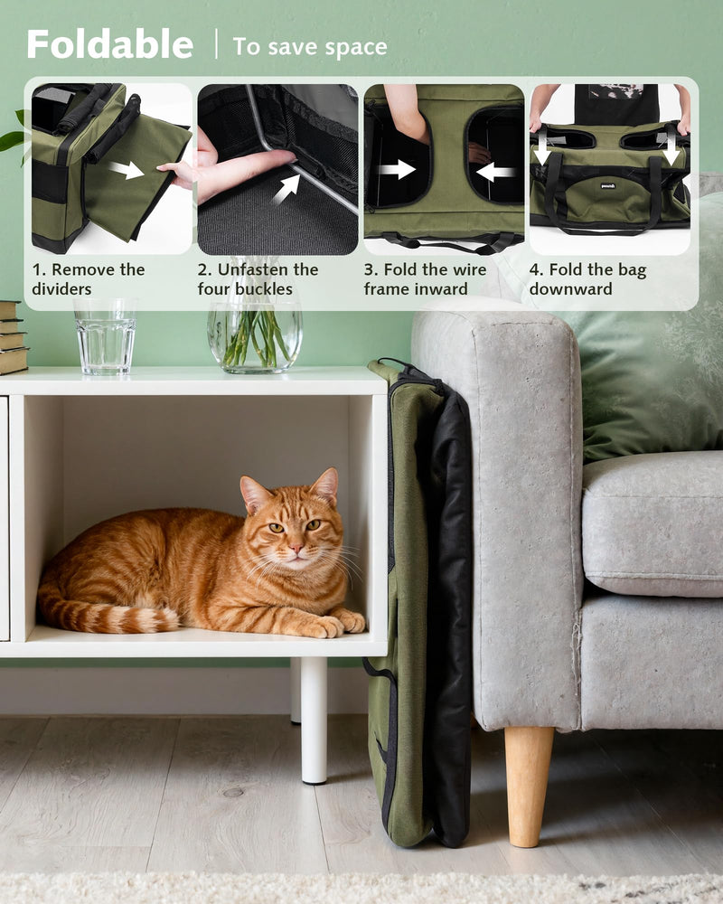 Pecute Large Cat Carrier for 2 Cats Built-in Steel Frame & Removable Divider,Pet Carrier for Car Travel,Foldable Dog Crate,Soft Double Cat Crate with Breathable Mesh,Vet,Green