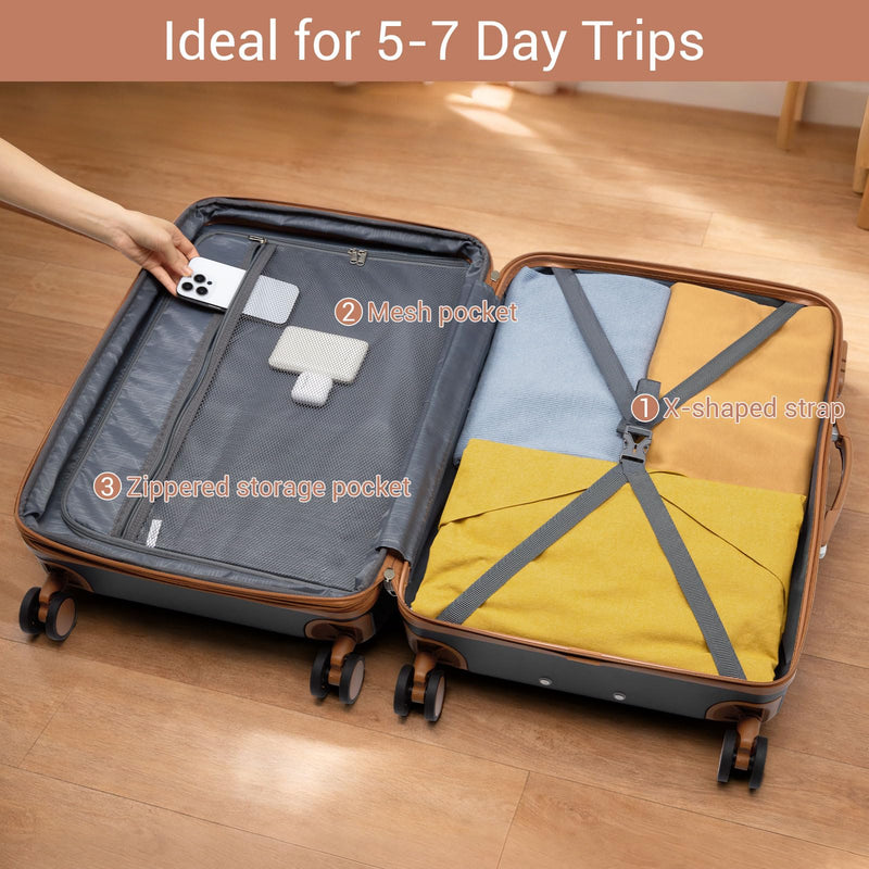 Kono 28 Inch Large Suitcase, Expandable for Long Trips, Impact-Resistant ABS+PC & Silent Wheels, Black, Lightweight Hardshell Luggage, Smooth Rolling Spinner Suitcase for Travel，Black/Brown