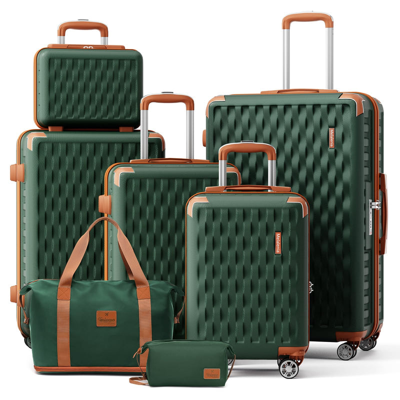 Melalenia Luggage Sets 7 Piece Hard Shell Carry on Suitcase with Spinner Wheels and TSA Lock, Lightweight Travel Duffel Bag for Women, Men, Green Brown