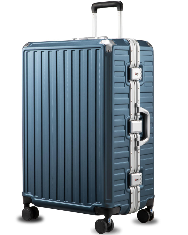 LUGGEX Checked Suitcase with Spinner Wheels, 8010S Aluminum Frame Zipperless Polycarbonate Hard Shell Suitcase (ZX-Core, Blue, 28 Inch)