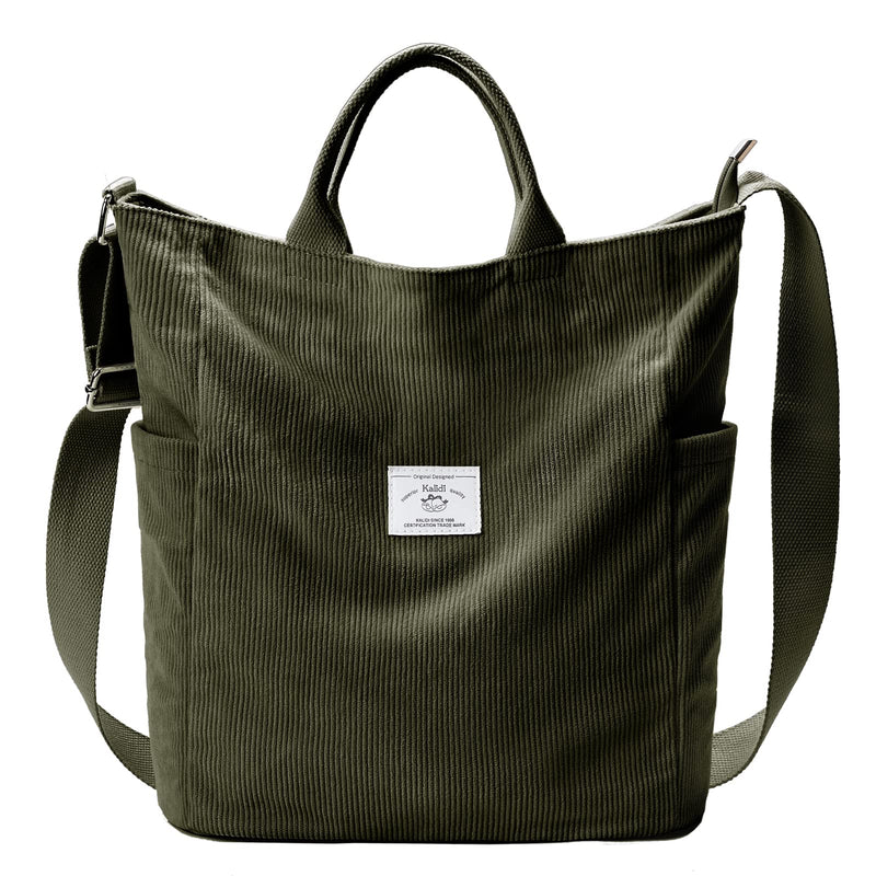 KALIDI Corduroy Tote Bag, Large Messenger Bag Shoulder Hobo Anti Splash Crossbody Zipper Bag Casual Work Shopping Women Dark Green