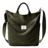 KALIDI Corduroy Tote Bag, Large Messenger Bag Shoulder Hobo Anti Splash Crossbody Zipper Bag Casual Work Shopping Women Dark Green