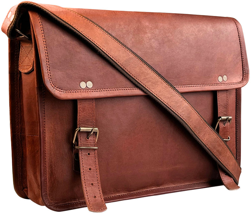 RUSTIC TOWN Leather Messenger Bag for Men Women - Full Grain Leather Laptop Satchel Office Shoulder Bag (14 Inch, Brown)
