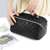 ALEXTINA Large Capacity Travel Cosmetic Bag - Portable Makeup Bags for Women Travel Toiletry Bag Waterproof Leather Checkered Makeup Organizer Bag for Travel Essentials, Open Flat Make up Bag, Black