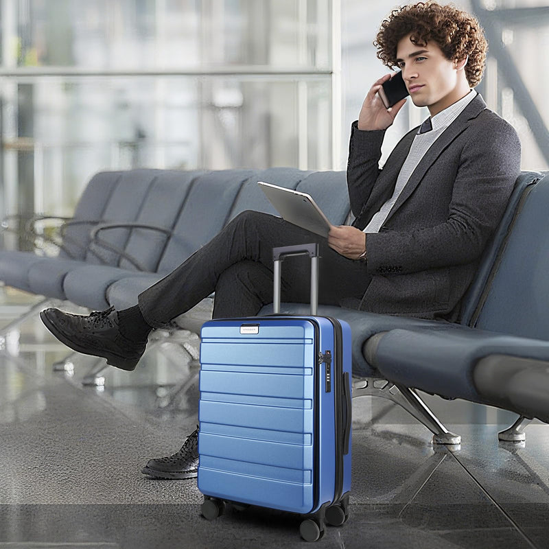 KROSER Carry On Luggage with Spinner Wheels & Built-in TSA Lock, Expandable Top Opening Hard Shell Suitcase Large Capacity Durable Rolling Luggage with USB Port, Carry-On 20-Inch, Light Blue