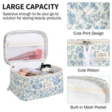 senbowe Large Quilted Makeup Bag, Cotton Floral Cosmetic Bag for Women, Cute Coquette Aesthetic Makeup Bag Toiletry Bag, Travel Make Up Organizer Bag with Zipper and Ribbon