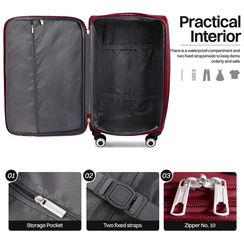 New York XPress 2-Piece Set Front Opening,Softside Luggage Sets w/Double Spinner Wheels Expandable Luggage,Lightweight Travel Luggage Rolling Suitcase w/LOCK（Burgundy-Grey,20in/28in）