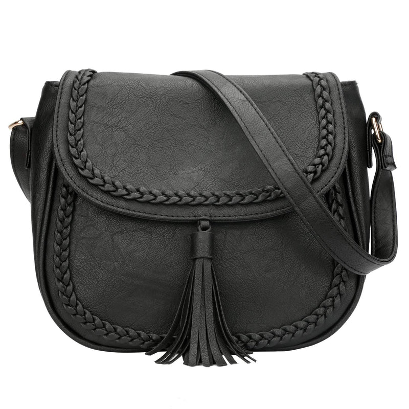 KKXIU Casual Flap Saddle Crossbody Bags for Women Small Handbags PU Leather Shoulder Bag Purse with Tassel (Z-Black)