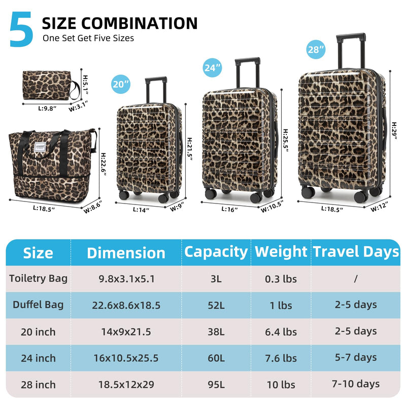 LARVENDER Luggage Sets 5 Piece Hardside Expandable Suitcase with Wheels Lock,PC+ABS Hardside Lightweight Rolling Suitcase for Women and Men,Cheetah