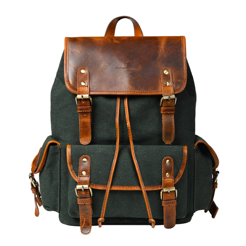 NATURAHIDE Leather Canvas Backpack Durable Vintage Large Travel Laptop Bag for Men & Women Work Hiking School (Oily Green)