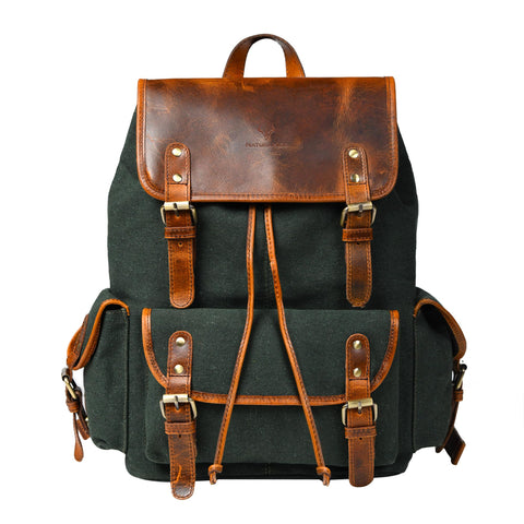 NATURAHIDE Leather Canvas Backpack Durable Vintage Large Travel Laptop Bag for Men & Women Work Hiking School (Oily Green)