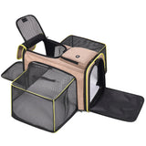 Expandable Cat & Dog Carrier, Large Expandable Collapsible Travel Bag with Safety Zippers, 3 Open Doors, Removable Fleece Pad for Puppies & Small Animals, Airline Approved (Brown)